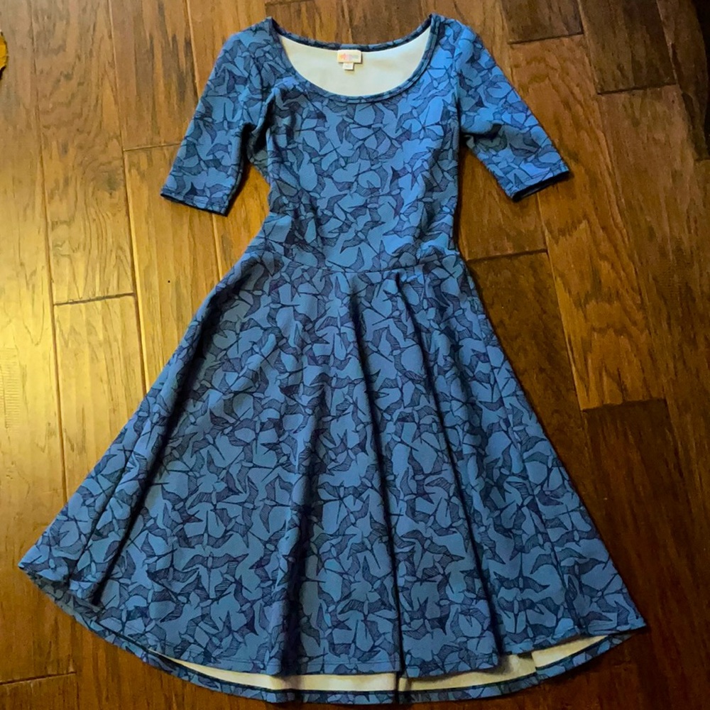 LuLaRoe blue print birds dress Small